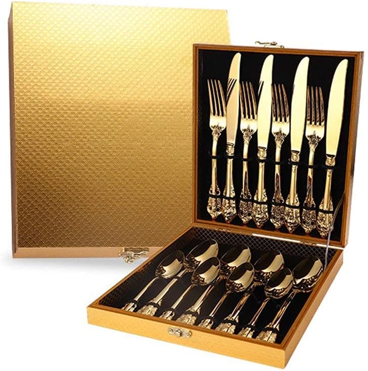Stainless steel silverware, Elegant Carved Stainless Steel Cutlery Set with Golden Suitcase - Premium Flatware for Weddings, Birthdays, Restaurants, and Hotels(16 piece)