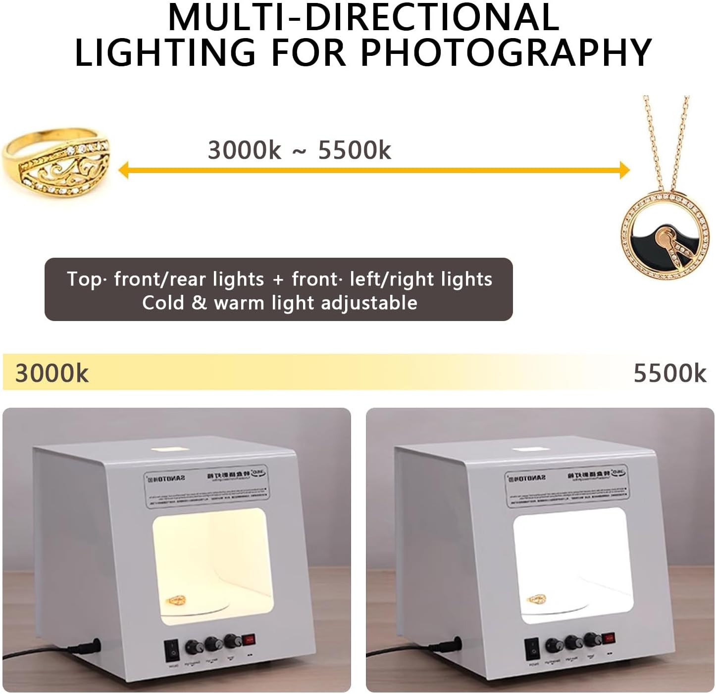 Portable LED Photo Light Box, 3000-5500k Dimmable Photography Tent, Electric 360° Photo Booth Box, Supports Placing/Hanging Jewellery, with 5 Colors Backdrops,Tb30