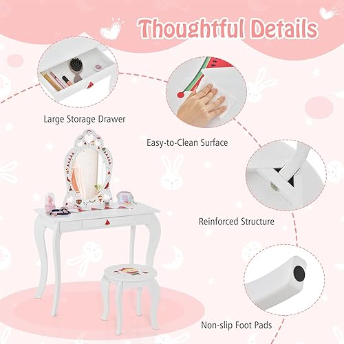 Miniatura 31 de HONEY JOY Juego de tocador para niños con espejo, mesa de tocador de madera con taburete y cajón, parte superior extraíble, juego de tocador de