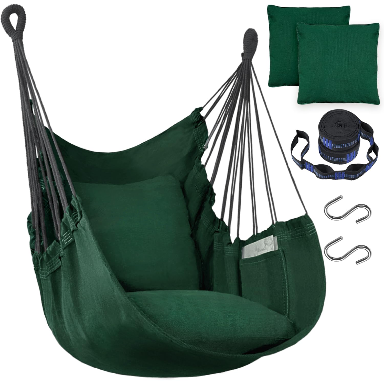 Hamaca colgante hamaca silla columpio de cuerda 2 cojines incluidos, hamaca resistente y duradera de algodón suave tejida a mano para dormitorio, porche, patio, interior/exterior