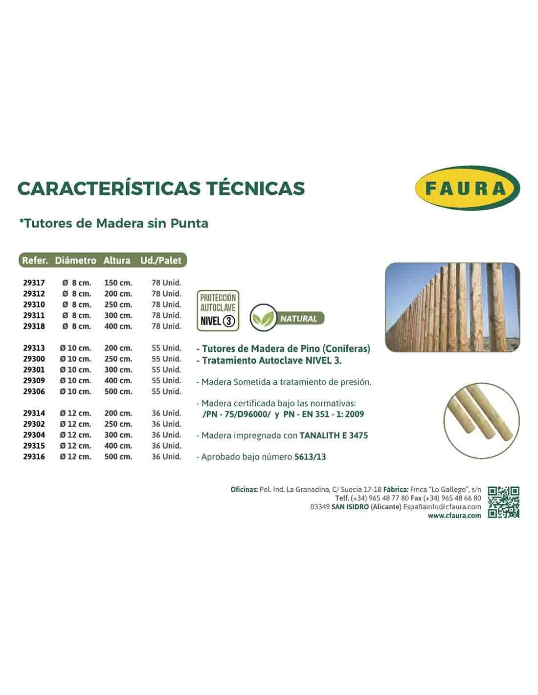 Faura - Tutor Madera sin Punta | 300x10 (Alto X Diámetro) -