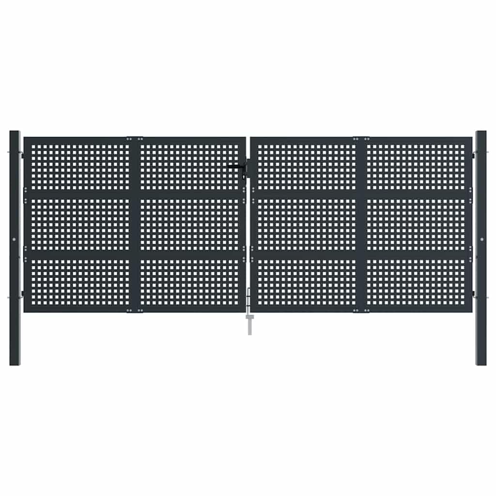 Brama ogrodowa, antracytowa, 400 x 150 cm, stalowa, podwójne drzwi ogrodowe z zamkiem, wytrzymała furtka ogrodowa do użytku na zewnątrz, regulowana szerokość, wysokie bezpieczeństwo