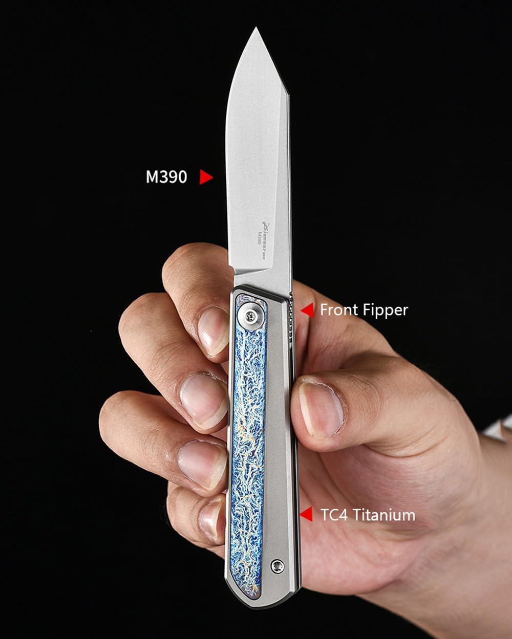PioneerEDC MT038 Folding Knife, 2.76" Reverse Tanto M390 Blade, TC4 Titanium Handles with Anodized Lighting Titanium Inlay (Grey)