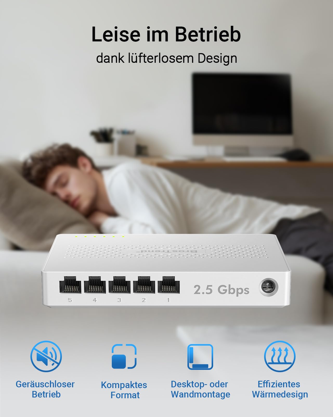 BrosTrend 5-Ports 2.5G LAN Switch, 2.5 Gbit/s Unmanaged Ethernet Netzwerk Switch für Gaming-PC NAS Server, Gigabit Switch LAN Splitter (Plug-and-Play, Lüfterlos, Desktop/Wandmontage, Lifetime-Schutz)
