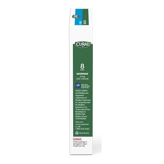 CURAD White Waterproof Adhesive Pads, 4 x 4, Advanced Wound Care, 1 Box, 8 Count