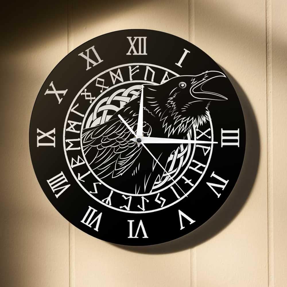 Geek Alerts Cawing Black Crow with Roman Numerals Silent Wall Clock 12inch Viking Odin Raven with Scandinavian Runes Battery Operated Quartz Watch