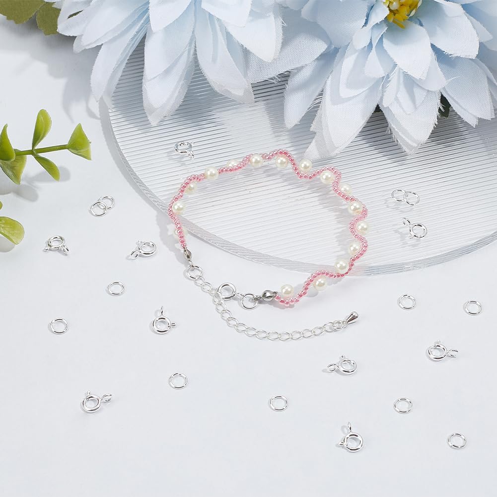 Beebeecraft 50Pcs Spring Ring Clasps with 50Pcs 5mm Jump Rings 9x6.5mm Small 925 Sterling Silver Plated Round Necklace Clasps and Closures Replacement for Jewelry Making Bracelets Charms DIY Craft