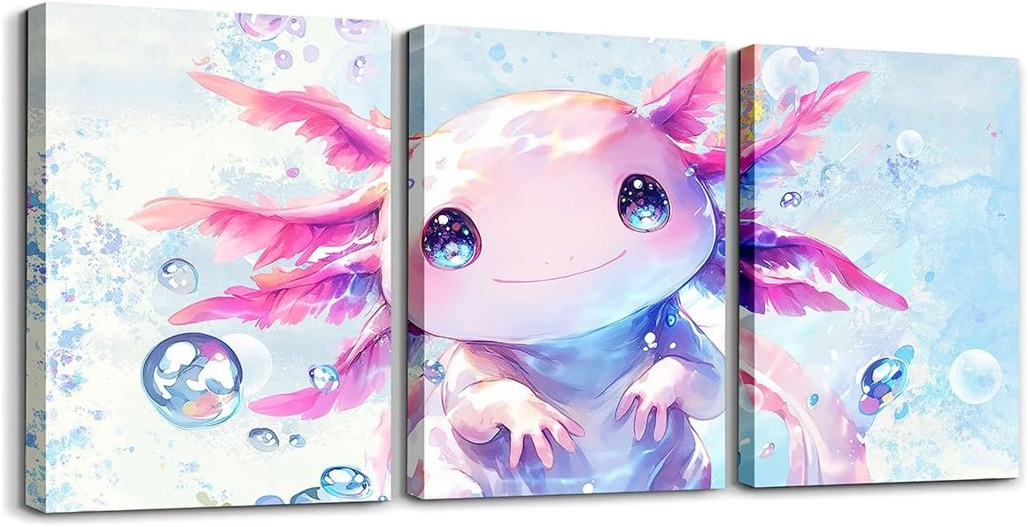 Feelyou Boys Girls Cute Axolotl Canvas Wall Art for Living Room Bedroom Ocean Sealife Wall Painting Posters and Prints Kids Kawaii Animal Picture Wall Decor Cartoon Bathroom Wall Art 12"x16"x 3Pcs