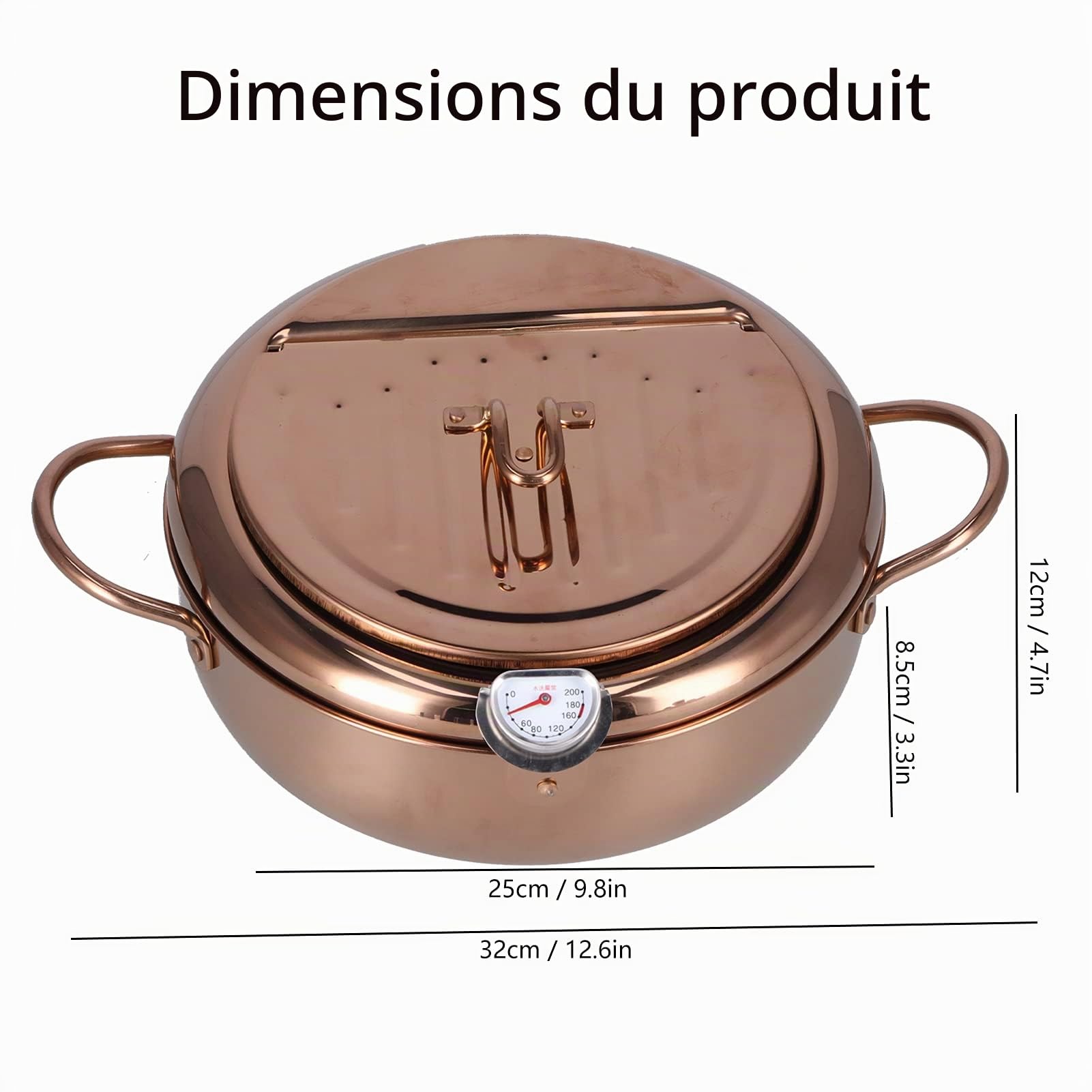 Friteuse Tempura, Marmite à Frire Japonaise Petite Friteuse en Acier Inoxydable avec Thermomètre 3.4L Marmite de Friture Profonde Antiadhésive Accessoire de Batterie de Cuisine(Or rose)