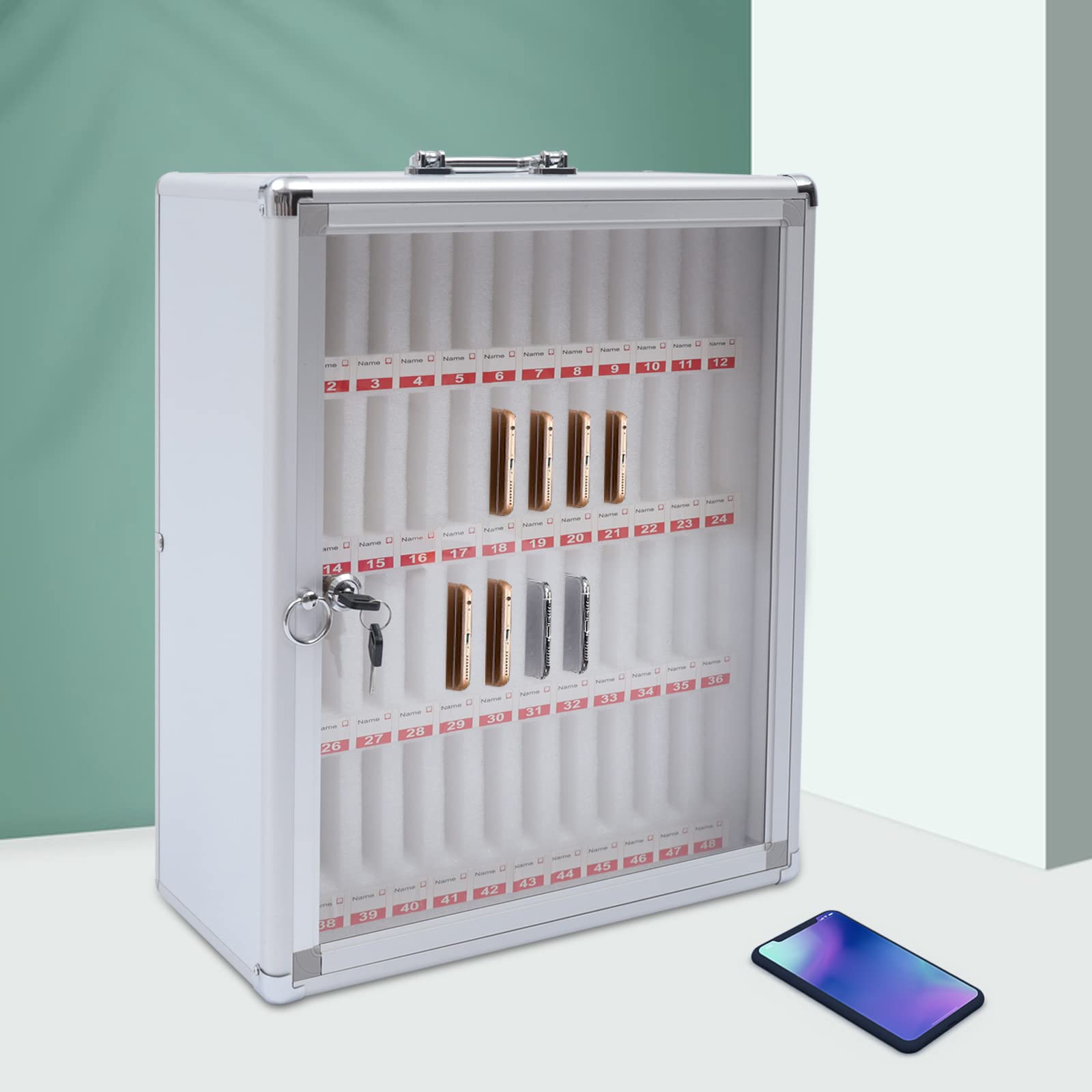 AKaSping Cell Phones Storage Cabinet 48-Slots Aluminum Alloy Cell Phone Holder Wall-Mounted Pocket Chart Storage Locker Box with Handle and Security