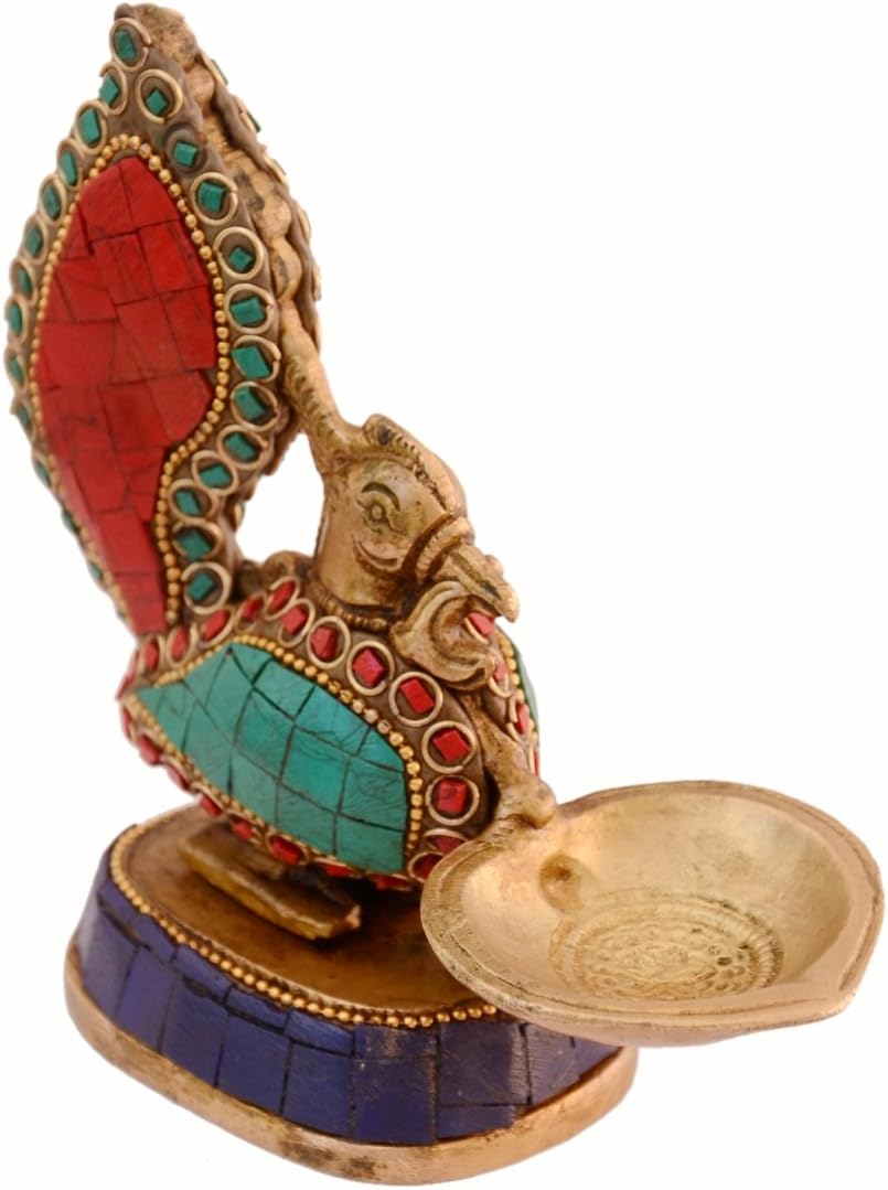 Purpledip Unique Peacock Deepak Deepam Diya (Kuthu Vilakku) in Pure Brass with Spectacular Gemstonework, Indian Religious Gift Ideas (10995)