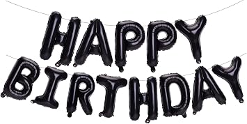 PIGETALE Black Happy Birthday Balloons Banner, 16 Inch Mylar Foil Letters Happy Birthday Sign Bunting Inflatable Reusable 3D Hanging Letter Kit Set for Girls Boys Kids Adults Birthday Decorations