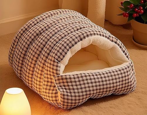 猫 犬 ベッド ハウス 半密閉型 ペットハウス 可愛い 丸型 ペットベッド ふわふわ クッション マット 厚手 密閉式 保温 暖かい 冬用 柔らかい 猫用 小型犬 2WAY 開閉式 折りたたみ式 通年利用 (65*40*28cm,E)