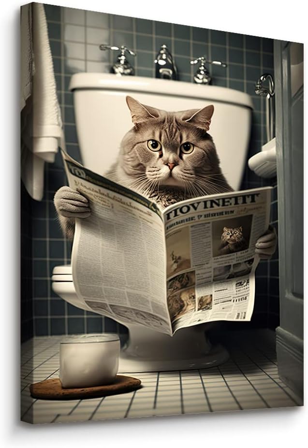 Funny Animal Bathroom Decor Wall Art, Cute Cat Bathroom