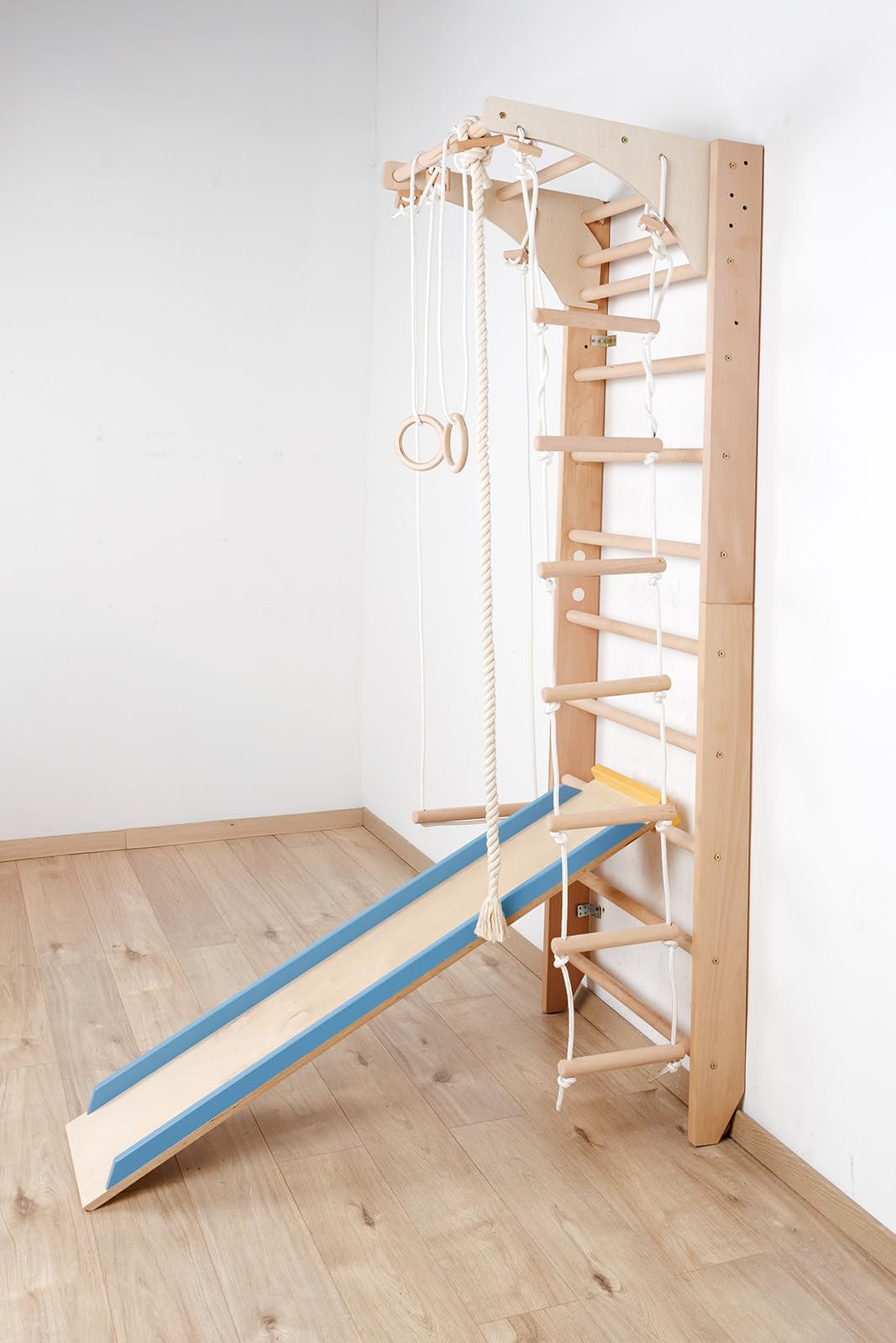 Turnwand, Sprossenwand Kombi-3-240-Farbe Kletterwand aus Holz für Kinder & Erwachsene – Indoor Fitness Klettergerüst mit Klimmzugstange & Zubehör