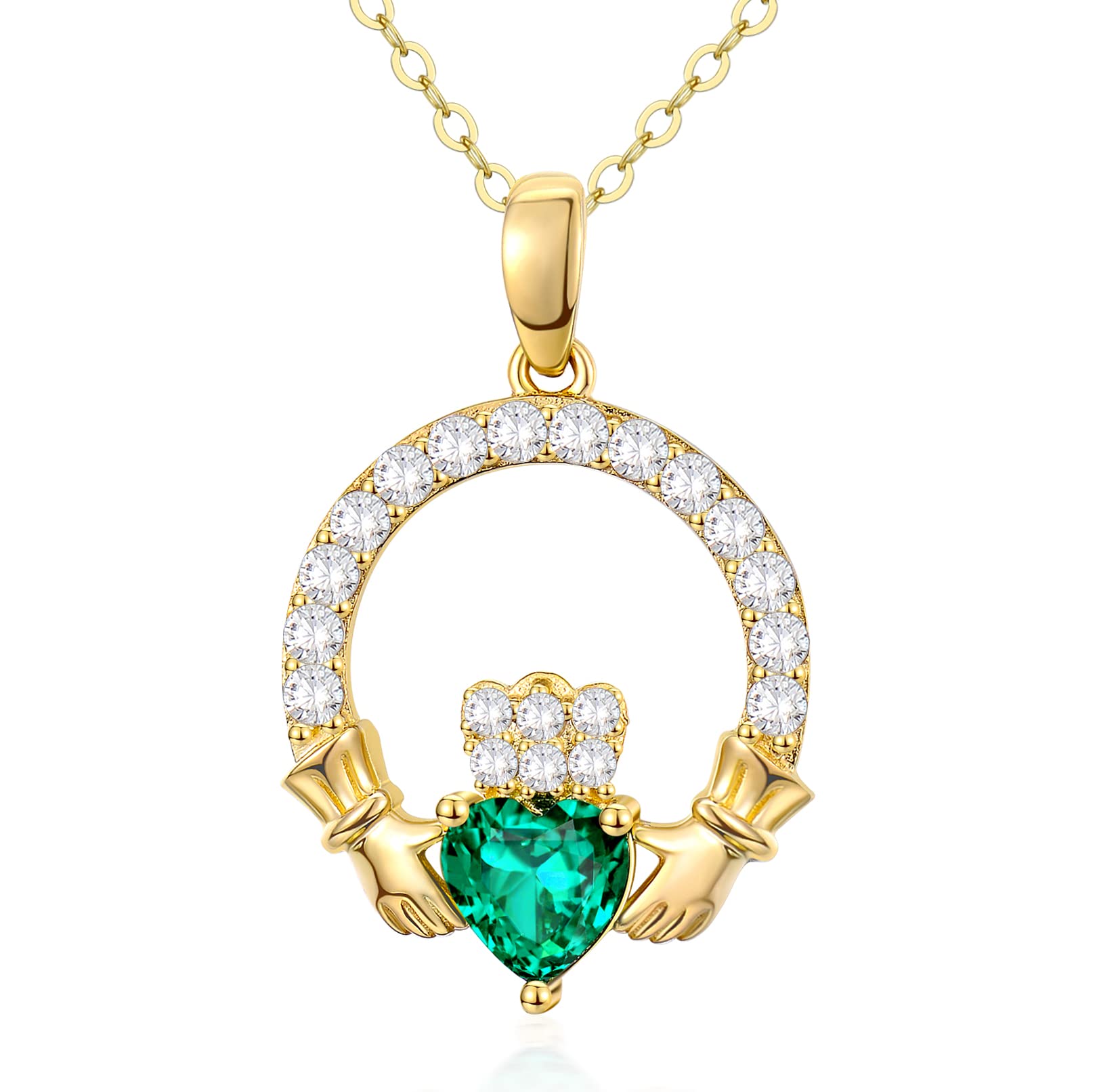 SISGEM9 ct Gold Claddagh Necklace, Solid Yellow Gold Emerald Green Claddagh Pendant Necklace, for Women Girls Ladies Mum Sisters, 16"+1"+1"