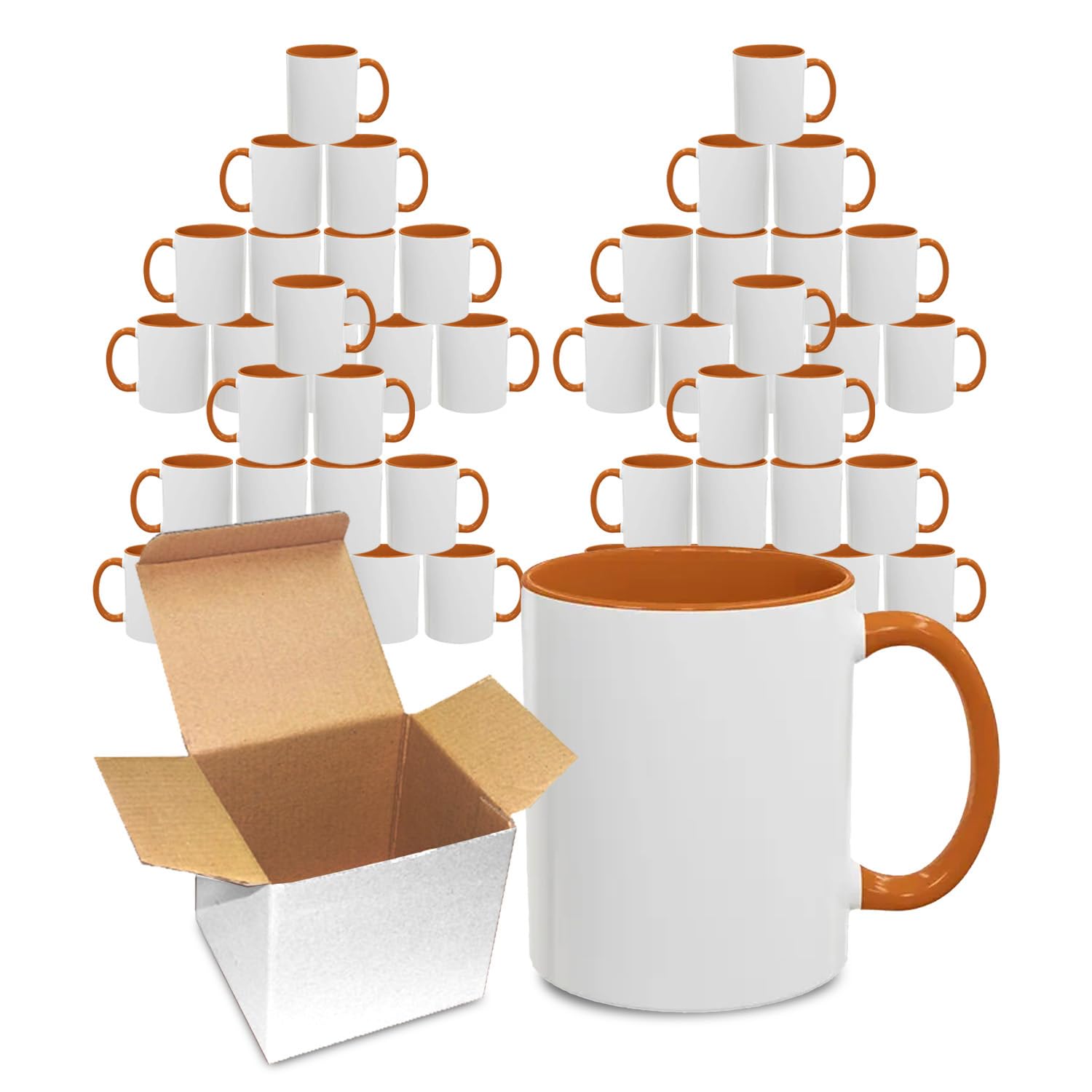 Sublimation Mugs 11oz Blank with Coloured Large Handle, Inner with Box | Durable, Ceramic Orca Finished Mugs Perfect for Custom,DIY Printing, for Loved Ones | Orange Bulk Pack of 42