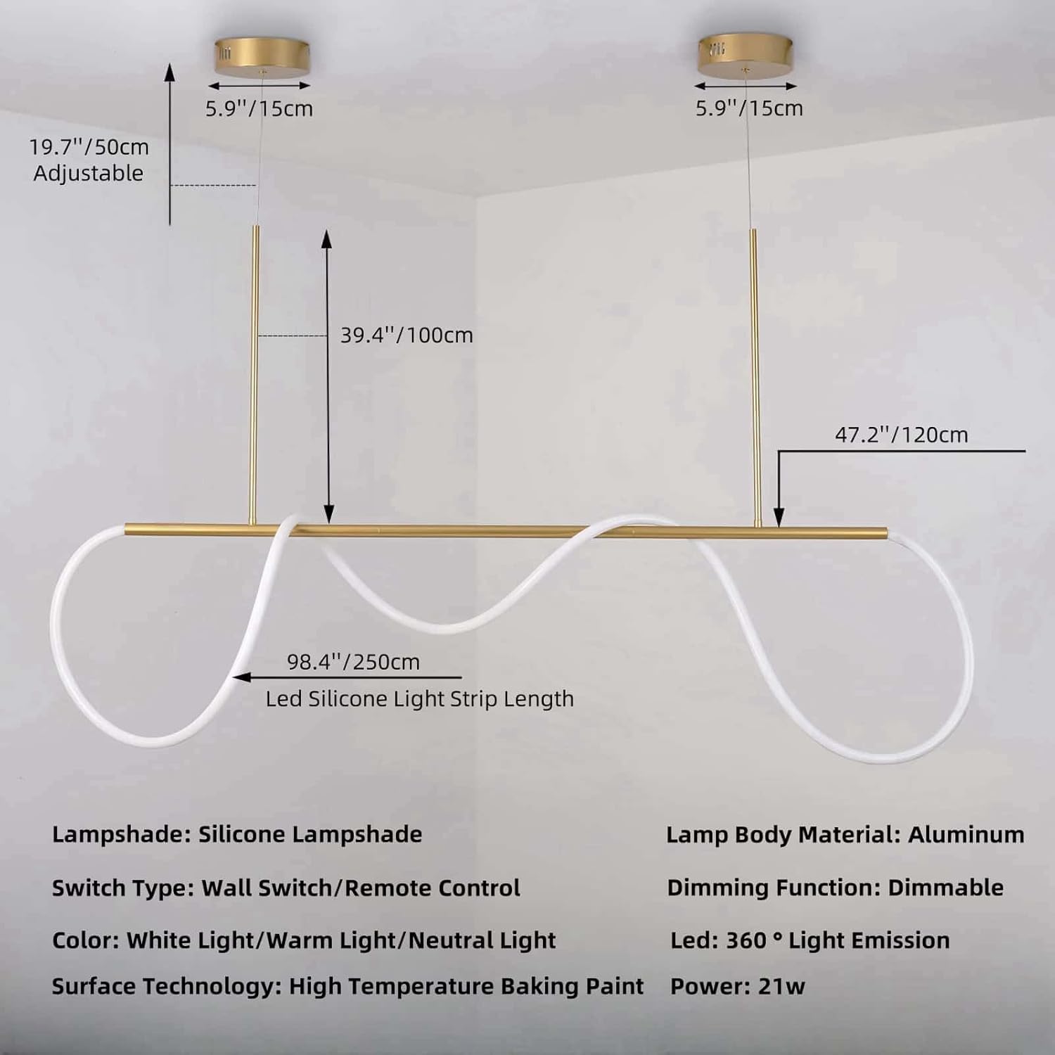 Modern LED Linear Chandelier with Remote Control, Dimmable Adjustable Hanging Light for Kitchen Island, Dining Room, Bar - Gold Finish, 47.2" Length, 3000K-6500K Color Temperature