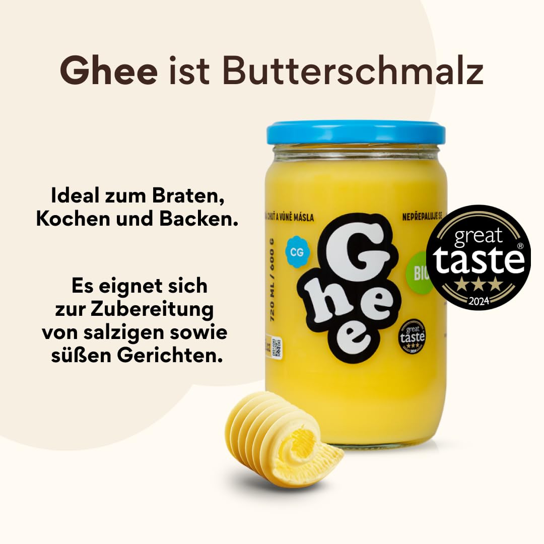 Ghee Bio Butterschmalz 590 g, Geklärte Butter, Laktosefrei | Grasgefüttert, Ayurveda-Qualität, zum Braten Kochen Backen, glutenfrei, ohne Zusatzstoffe, Great Taste Award, 100% EU