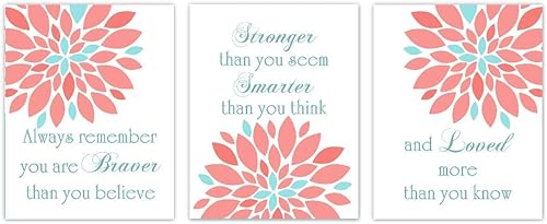 Coral Baby Girl Nursery Wall Art Teal Flower Burst Dahlia Mum You Are Braver Toddler Bedroom Decor 3 UNFRAMED PRINTS
