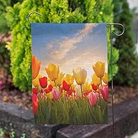 Vista 5 de Moslion Bandera de jardín de tulipanes, campo floral al atardecer, nube, tulipán, rosa, amarillo, flores verdes, banderas de doble cara, bandera