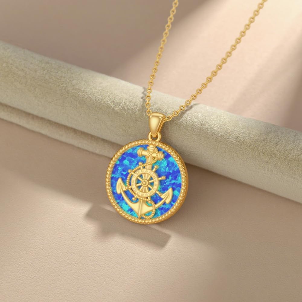 Anchor Necklaces for Women 14K Yellow Gold Plated Silver Opal Anchor Pendant Sailor Necklace Nautical Jewelry,16''-18''