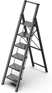 6 Step Ladder, Aluminum Folding Step Stool with Anti-Slip Sturdy and Wide Pedal, Portable Lightweight Stepladder with Convenient Handgrip for Home, Office, Kitchen Use Black, 330 lbs Capacity