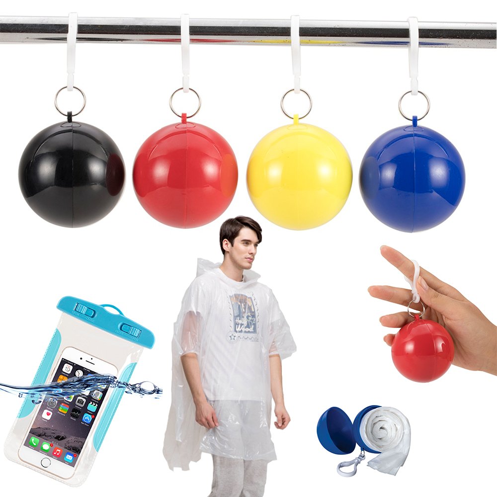 4-pcs Travel Emergency Rain Poncho Disposable Raincoats Ball (Plus 1 Waterproof Phone Case) Hiking Camping Outdoor Necessity Backpack Accessories
