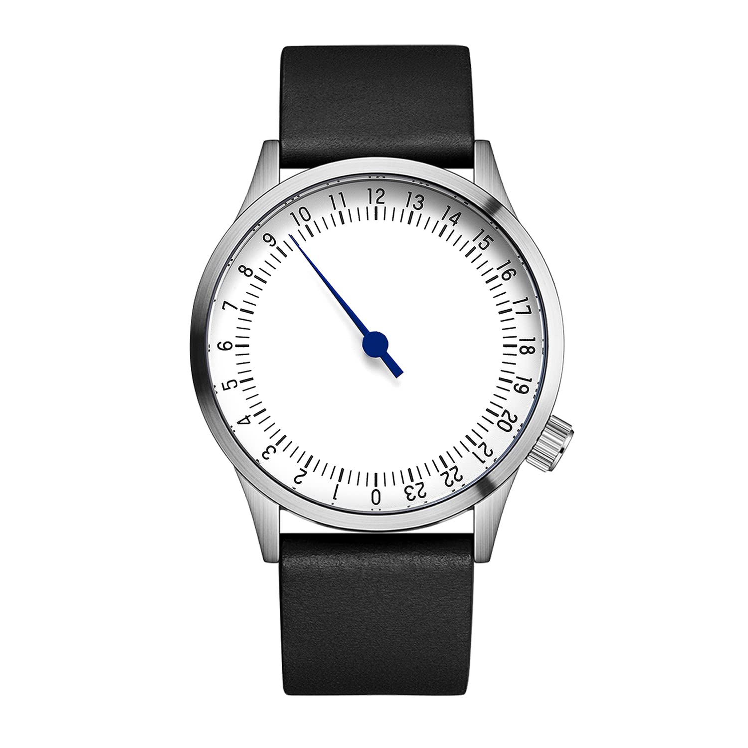 JIANDUN Swiss Movement Men's One Hand 24 Hour Watch Single Hand Black Case with Italian Leather Strap