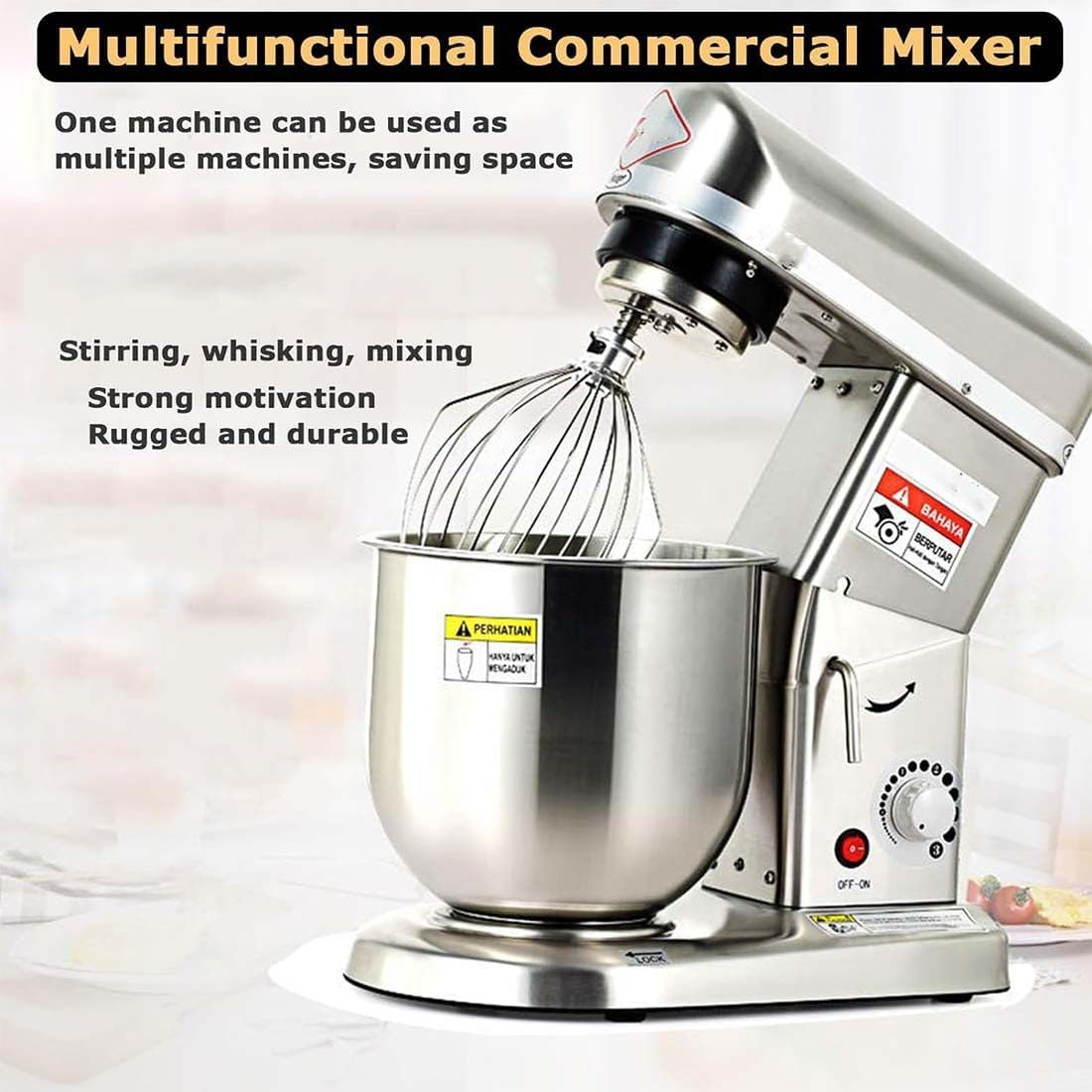 Commercial Stand Mixer,Stainless Steel Mixer,Milk Cream Blender Egg Stirrer Dough Kneader with Hook, Wire Whip & Beater Stainless Steel