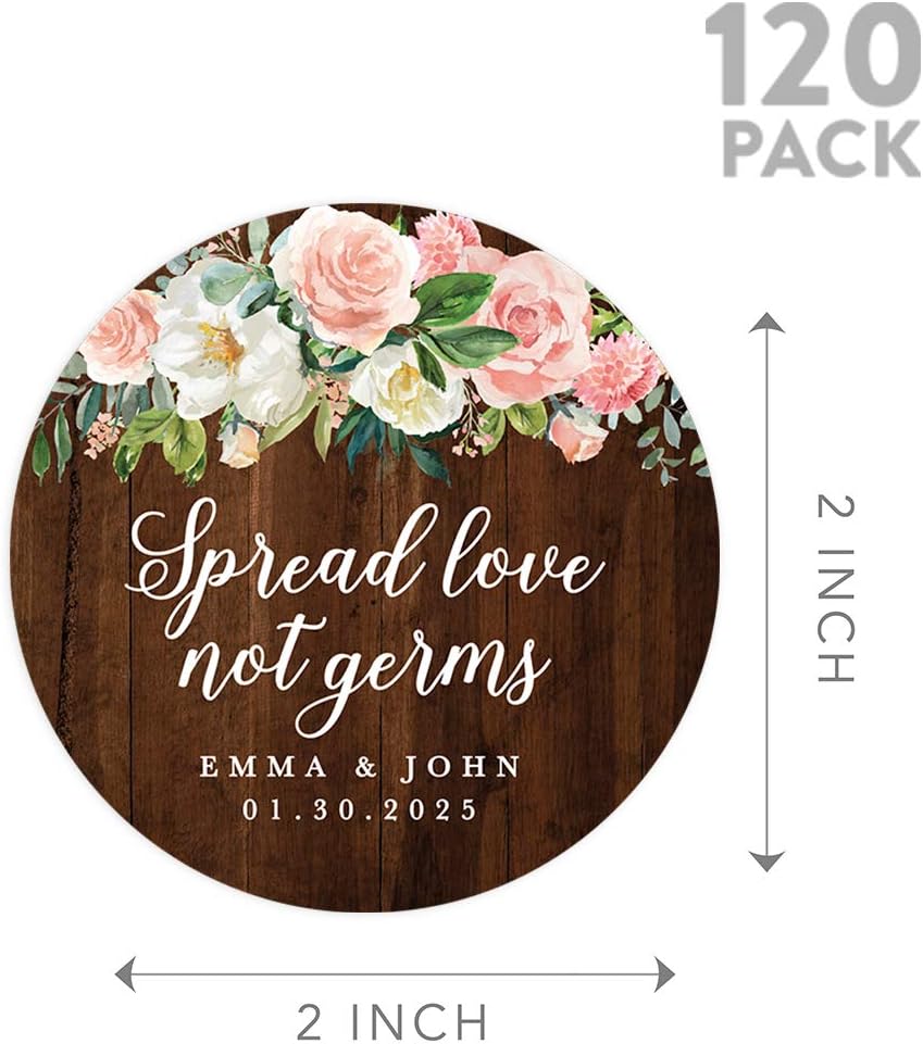 Andaz Press Wedding Personalized Round Circle Label Stickers, Spread Love, Custom Names, Rustic Florals, Social Distancing Wedding Mask Favor Label Stickers, 120-Pack