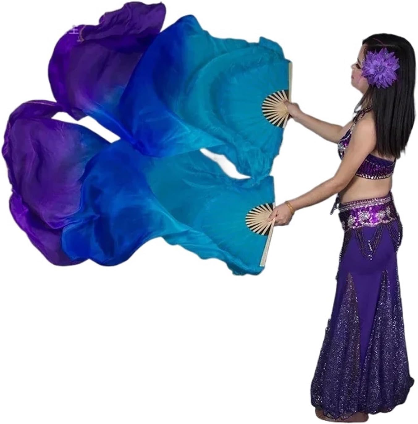 4PCS Colors Dyed Pure Natural Silk Fan Veils For Belly Dance 180cm Long For Dancer Performance Veil