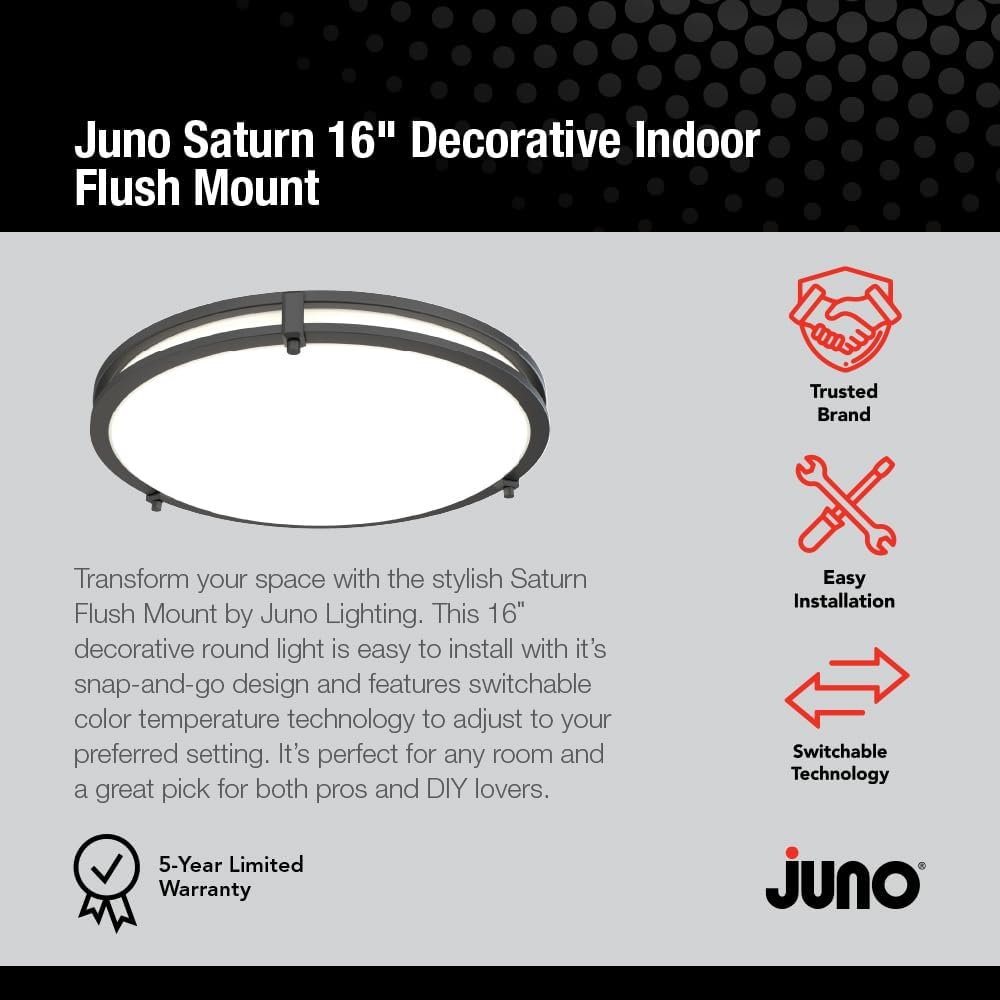 Juno Saturn Flush Mount Ceiling Light with Switchable Color Temperature (2700K-5000K), 16-Inch, Matte Black