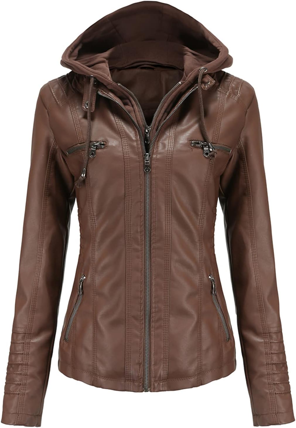 Faux Leather Hoodie Jacket Womens Motorcycle Jacket with Removable Hood Washed Leather Bomber Jacket Heavyweight Coat