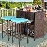 Furnivilla 3 PCS Outoor Patio Bar Table Set with 2 Cushion Bar Stools and Black Glass on Tabletop Mixture Brown PE Wicker Rattan, Outdoor Furniture Set for Poolside, Backyard or Lawn-Aruba Turquoise