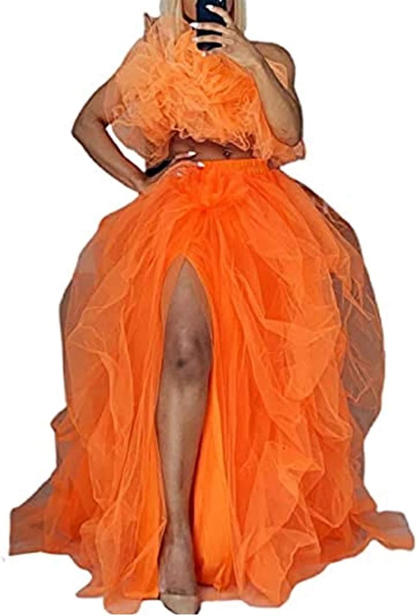 Womens Tulle Tutu Long Skirt High Waist Split Floor Length Layered Dress Wedding Night Out Party A-Line Puffy Skirt
