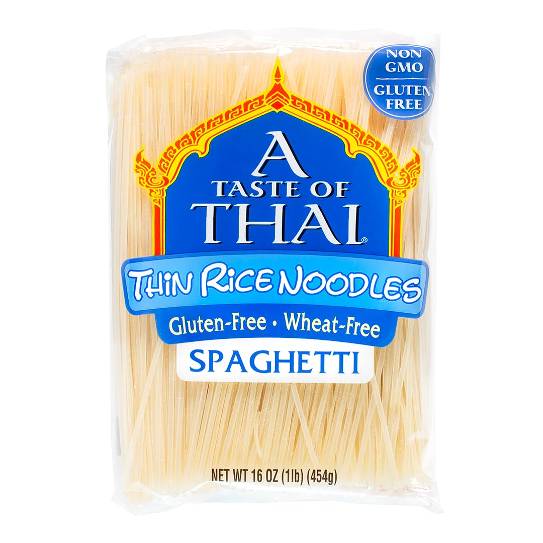 A Taste of Thai Spaghetti Rice Noodles Thin Straight Cut | Vegan Gluten-Free Non-GMO 16oz for Stir-Fries Soups Asian Dishes