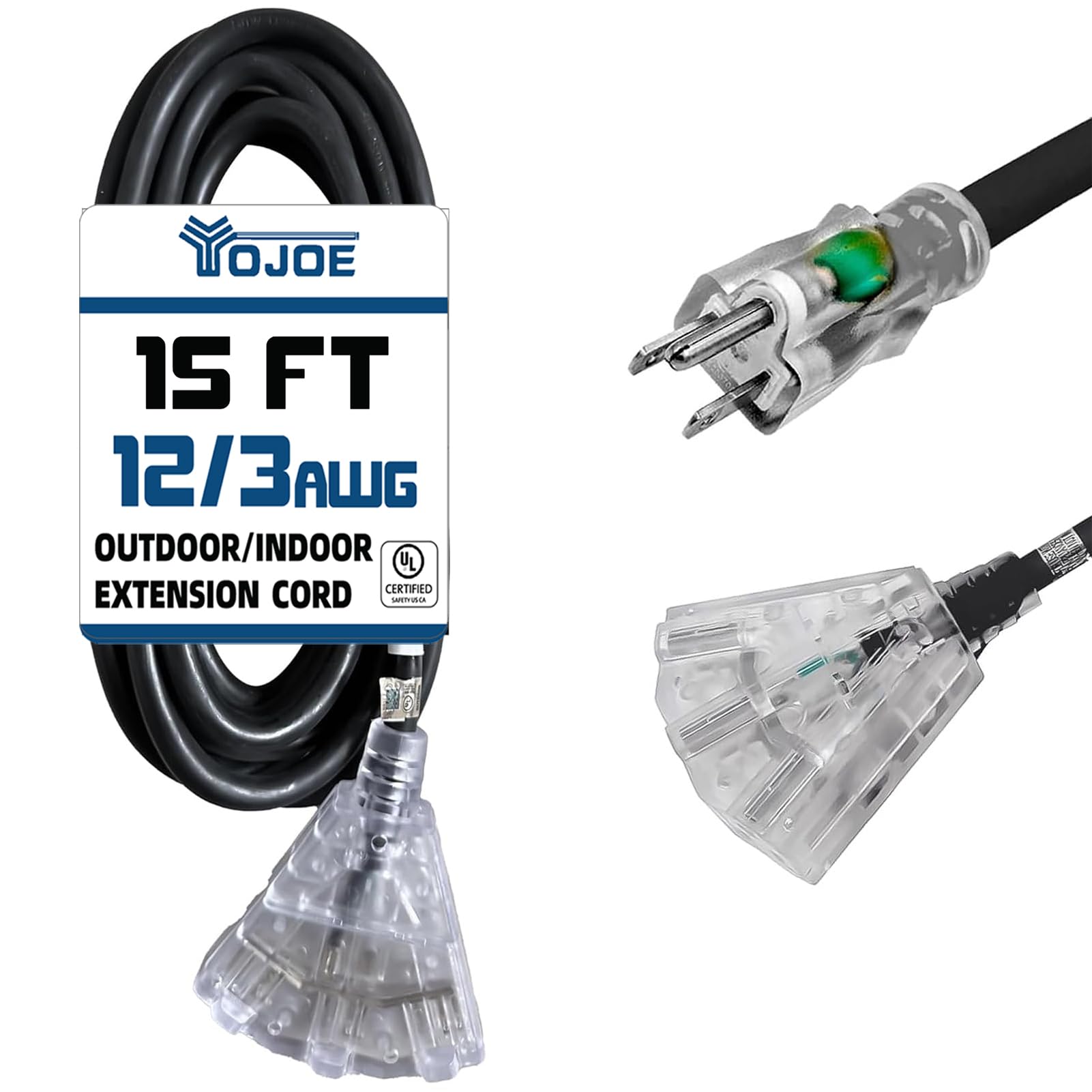 YOJOE 15 Ft 3-Outlet Heavy Duty Extension Cord