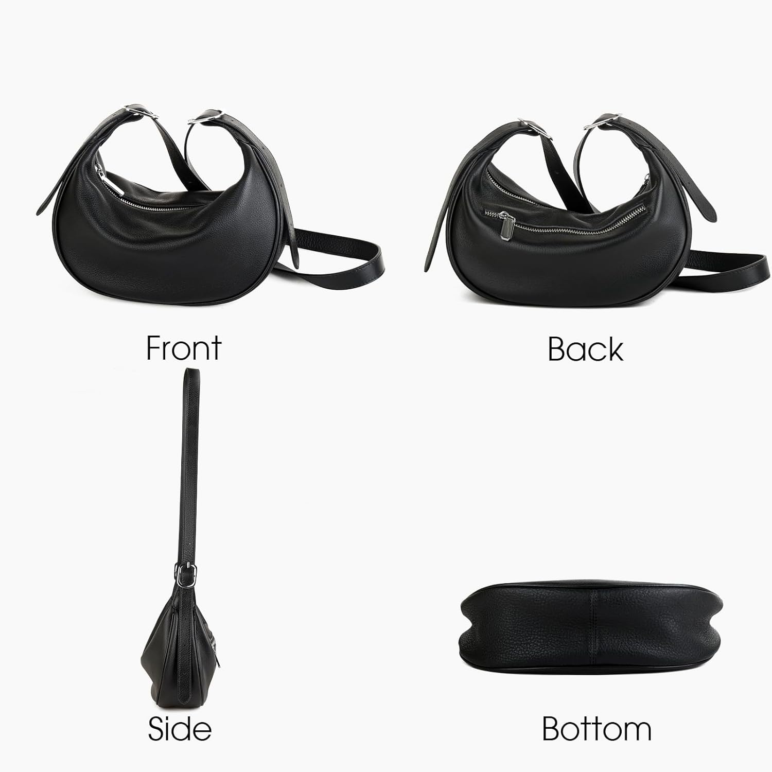 Casual Soft Leather Hobo Bags Women Crossbody, Trendy Crescent Shoulder Bag and Black Mini Purse (Black, Small) - Image 3