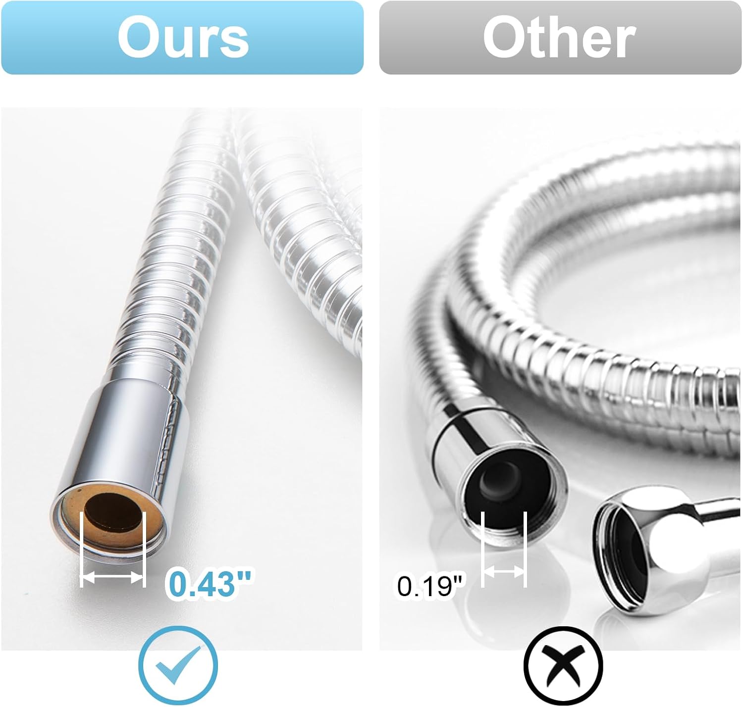 OFFO Shower Hose High Flow 0.43” Large Bore, Kink Free Stainless Steel Shower Head Hose Replacement Universal G1/2”, Leak-proof Extra Long Flex Handheld for Pet Bathing Cleaning, 60 in Chrome