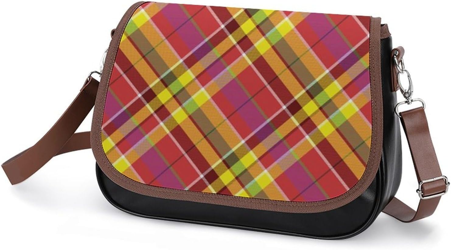 Madras-colored-plaidWomen's Faux Leather Crossbody Bag, Waterproof Wrinkle-Resistant Shoulder Bag with Detachable Strap, Large Capacity Casual Handbag, Fashion Daily Purse for Shopping Work Dating, Id