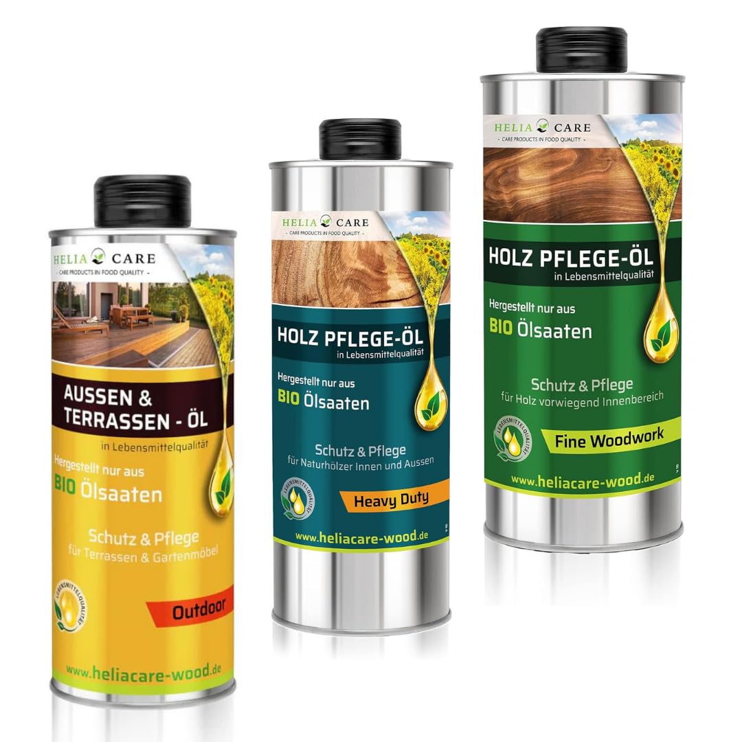 BIO Holzöl Set - Fine Woodwork, Heavy Duty & Outdoor Öl je 500ml - Premium Holzpflege für Innen & Außen - Hochwertiges Holz Öl - 100% Biologisch abbaubar & Farblos