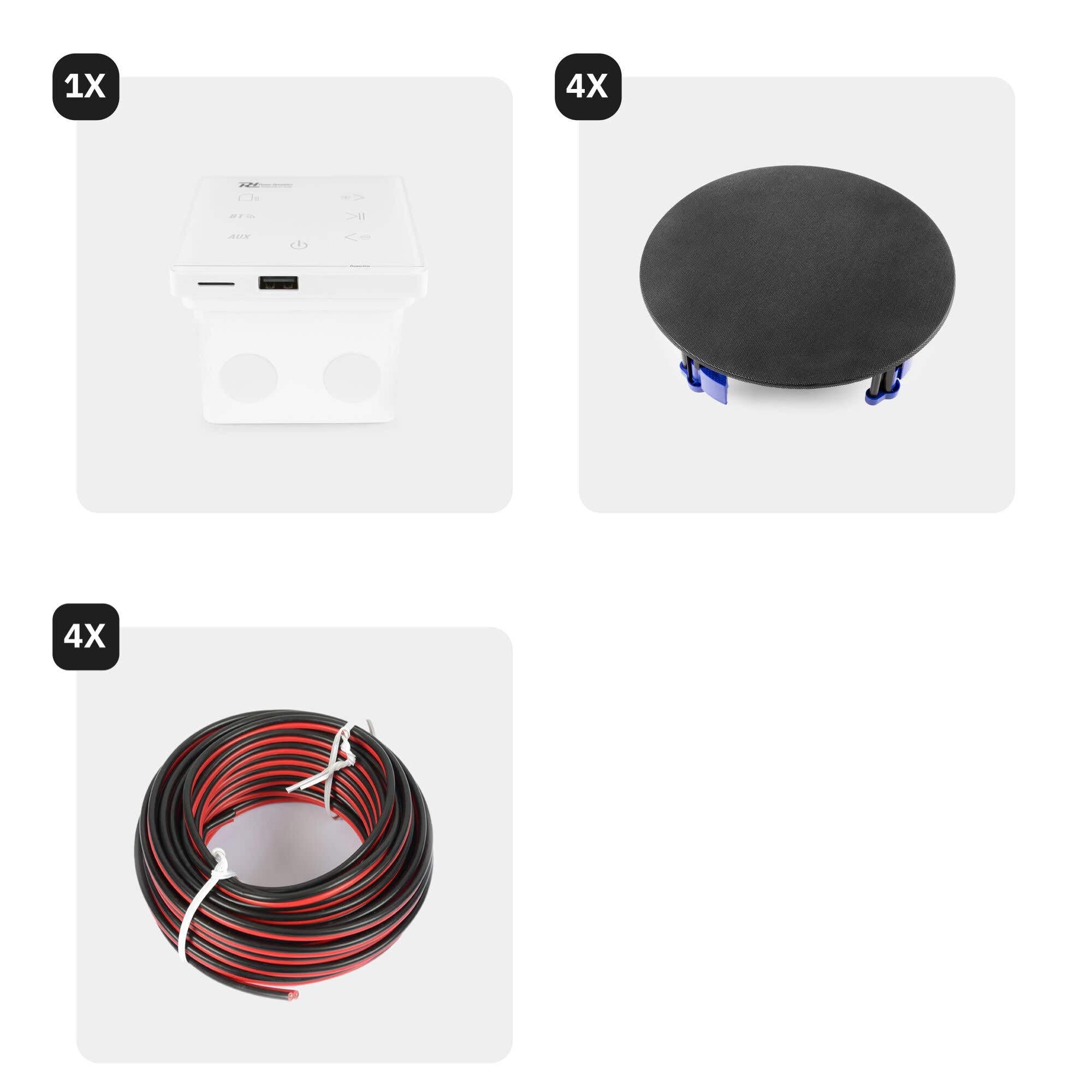 Power Dynamics Conjunto A100W con Amplificador Blanco táctil y 4 Altavoces de Techo Negros de 6,5” 2 vías, Bluetooth 5.0, Reproductor MP3 USB/microSD, 4x20W Clase D