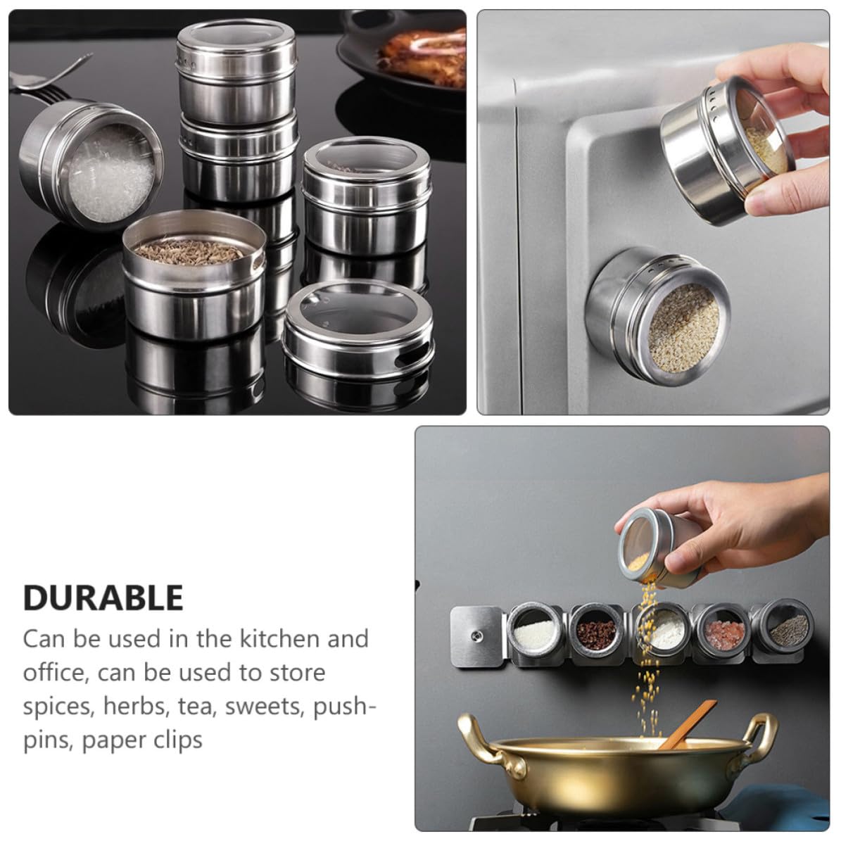 Tofficu Boîtes à Épices Magnétiques Organisateur à Épices Cuisine et Table Lot de 8 en Acier Inoxydable avec Couvercles Transparents et Double Tamis avec Autocollants