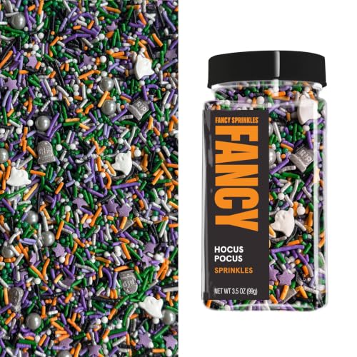 Image of Fancy Sprinkles Hocus Pocus Halloween Sprinkles 1 Pack (0.5c) | Ghost & RIP Tombstone Shaped Candy | Green, Purple, Orange & Black Jimmies | Halloween Cake, Cupcake & Cookie Decorating