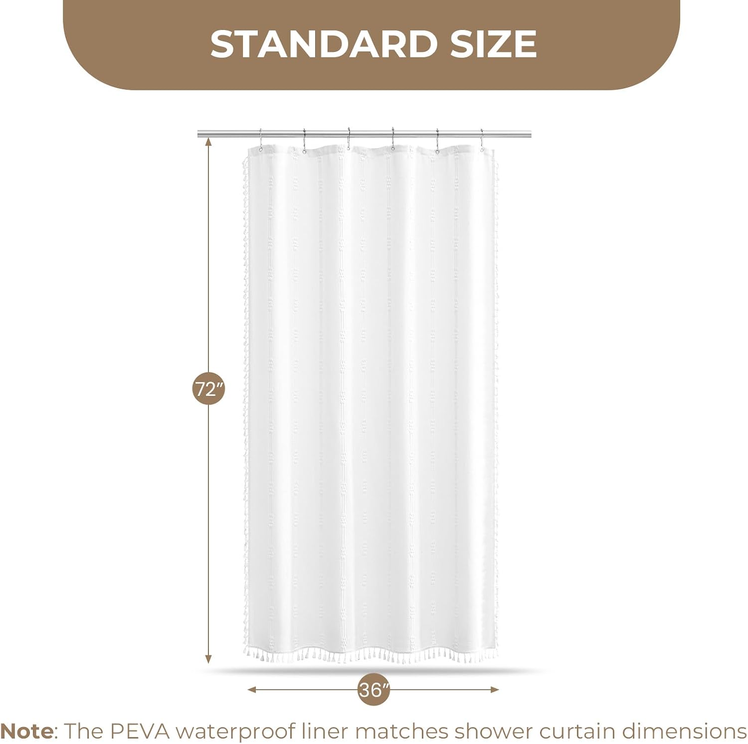 downluxe Linen Texture 3 in 1 Farmhouse Shower Curtain Set with Tassel, Boho Fabric Shower Curtains for Bathroom, White, 36W x 72L