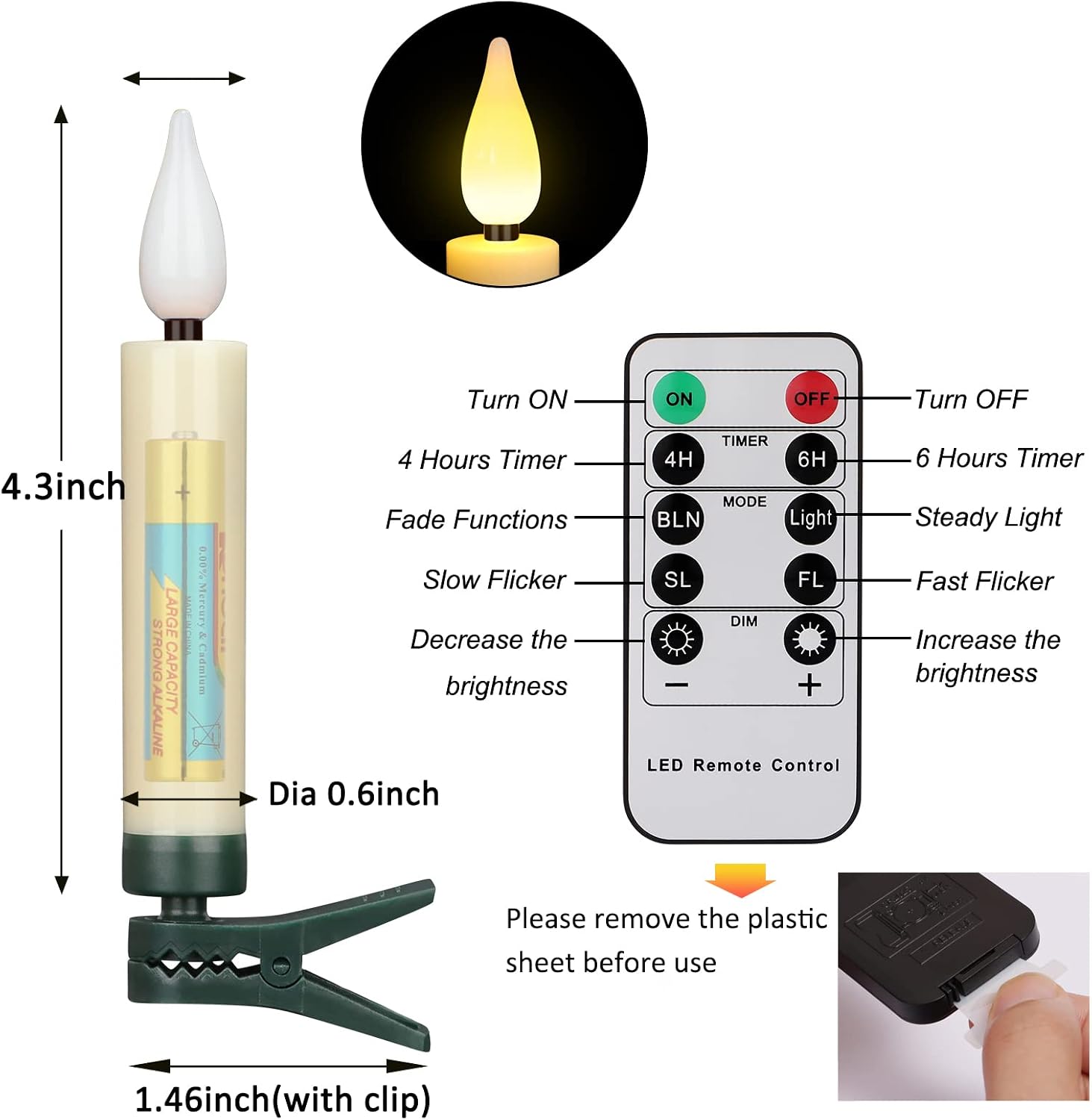 Christmas Tree Taper Candles with Removable Clips Flameless Electric Fake Candles with Remote Control and Timer for Christmas and Home Decor, Pack of 20 Ivory