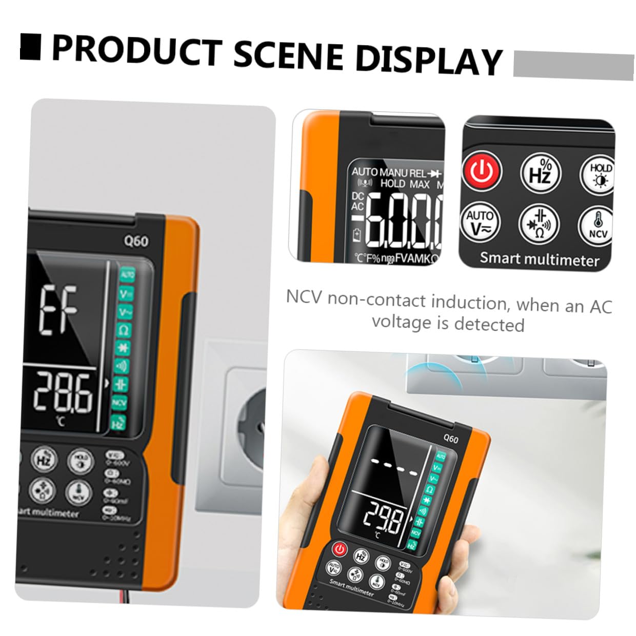Q60 Digital Multimeter Automatic Voltage Current Tester with Ncv Detection, True Effective Value, Backlight, Data Hold, Continuity Buzzer, and Flashlight for Electrical and Home
