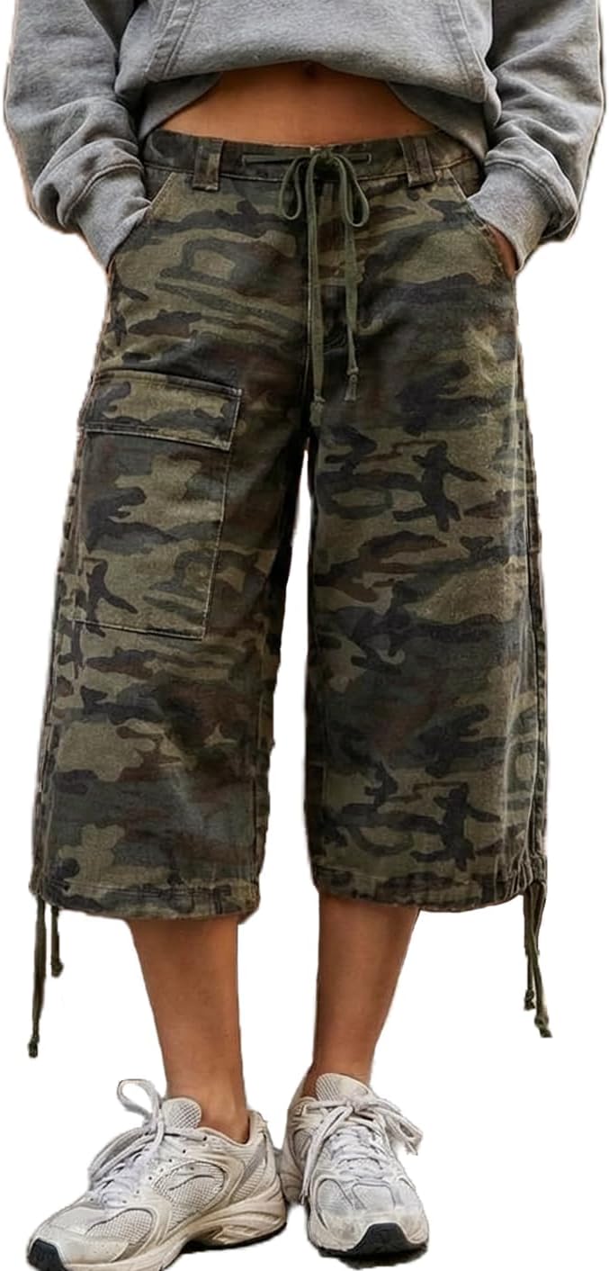 Mxiqqpltky Y2K Cargo Jean Shorts Women Summer Camouflage Print Drawstring Low Rise Baggy Denim Shorts Casual Jorts Streetwear
