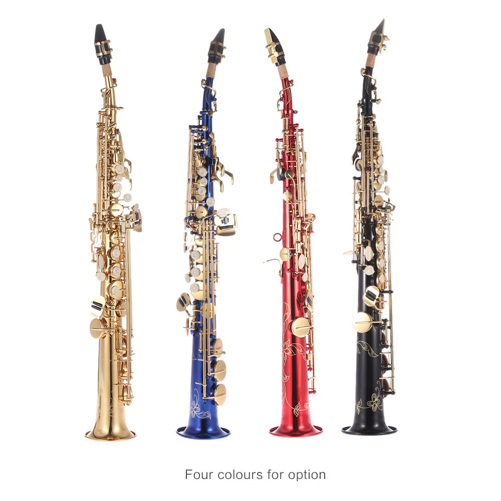 HUIOP Ottone Dritto Sax Soprano Sassofono Sib B Strumento a fiato Piatto Conchiglia Naturale Modello Intagliato con Custodia Guanti Panno per la Pulizia Cinghie Asta per la Pulizia